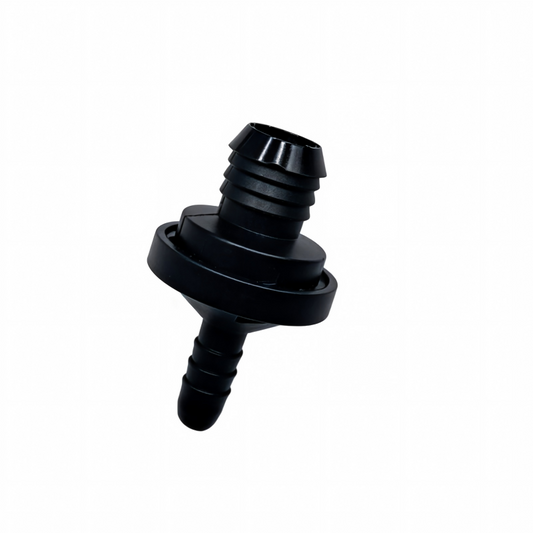 Black vacuum check valve with ridged hose connector and mounting flange