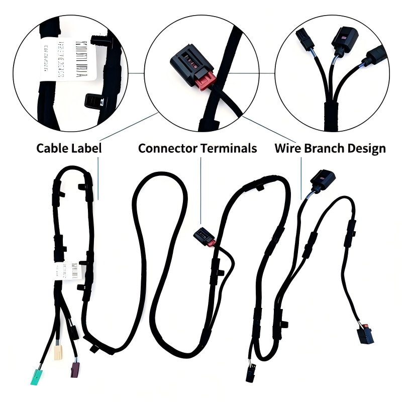 Left rear trunk wiring harness with labeled cable, connector terminals, and wire branches.