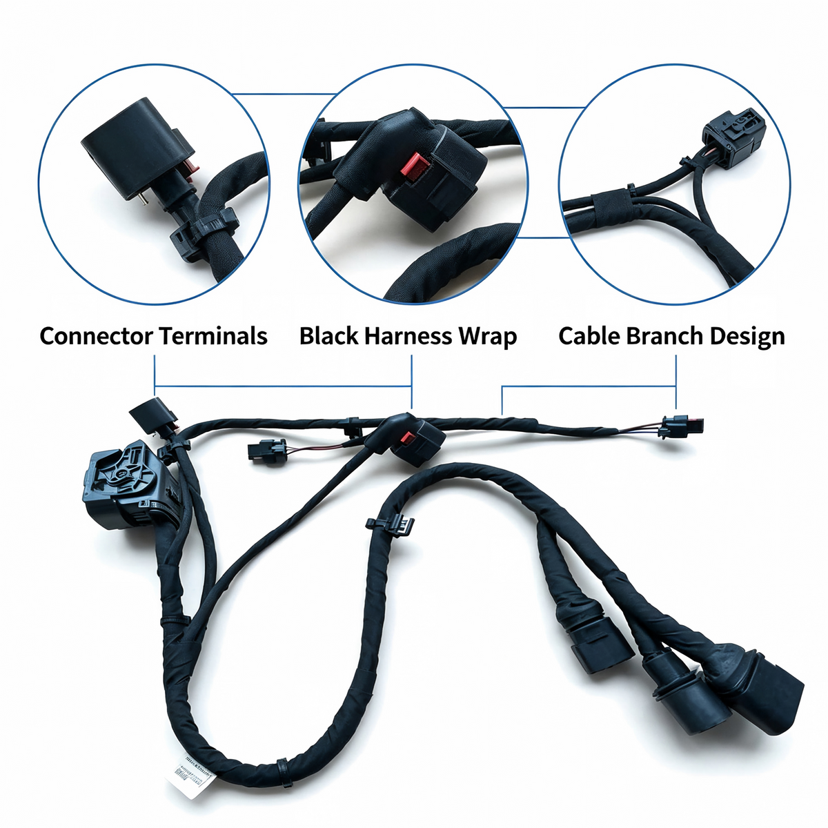 Black wiring harness with multiple electrical connectors and branch cable design