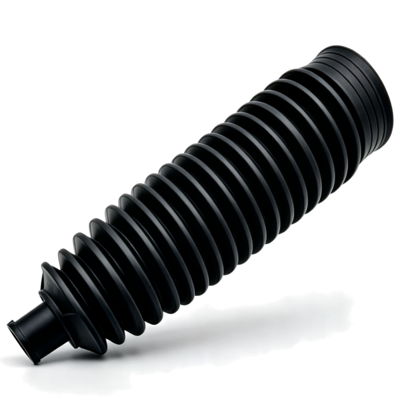 Black steering rack dust boot with ribbed accordion design