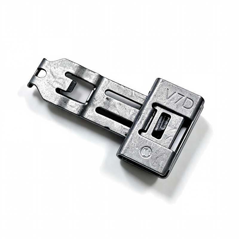 Metal A-pillar trim clip with locking tab and stamped logo