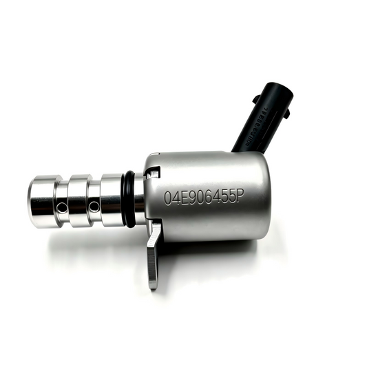 Camshaft adjustment control valve with silver body, black hose, and 04E906455P marking