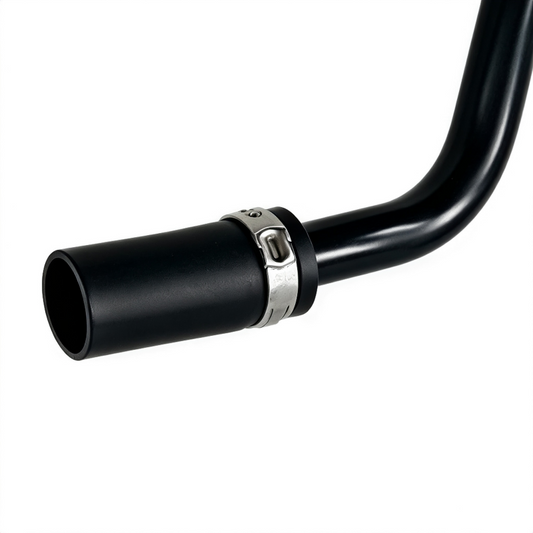 Crankcase vent hose with black rubber tubing and metal clamp at the end