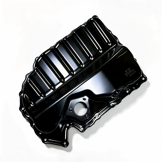 Black engine oil pan with baffle ribs and mounting bolt opening