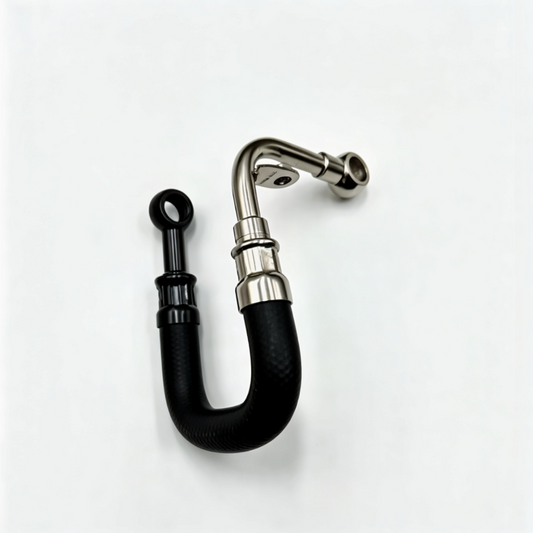 Black turbocharger boost pipe with metal fittings and silicone hose, U-shaped