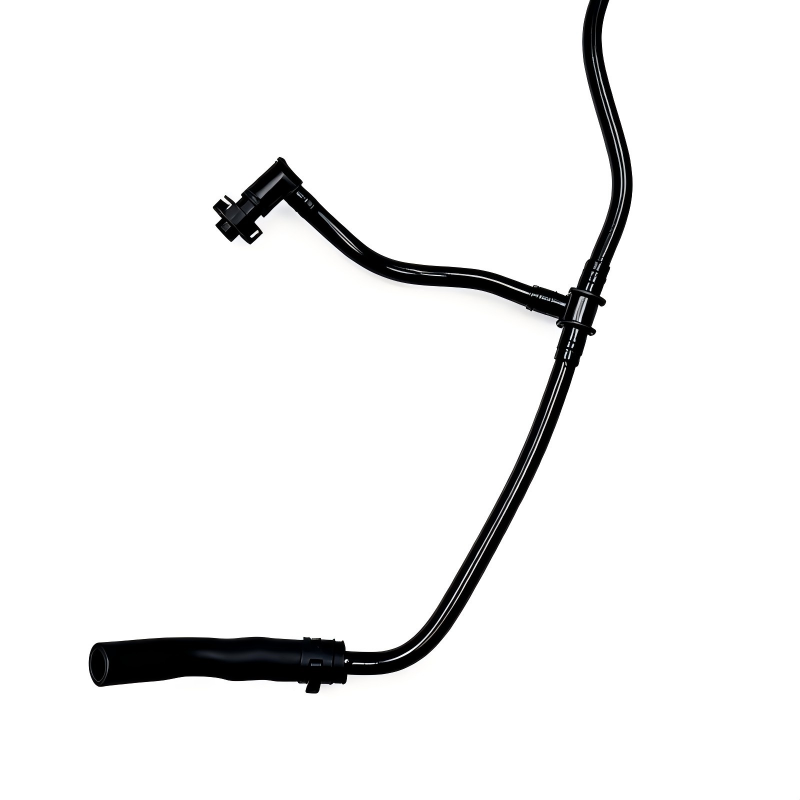 Coolant reservoir hose with black tubing and multiple plastic connectors
