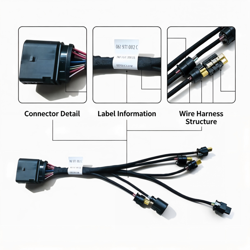 Fuel injector wiring harness with black connector plug and gold pin terminals, multi-branch cable