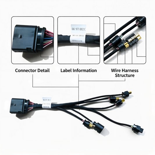 Fuel injector wiring harness with black connector plug and gold pin terminals, multi-branch cable