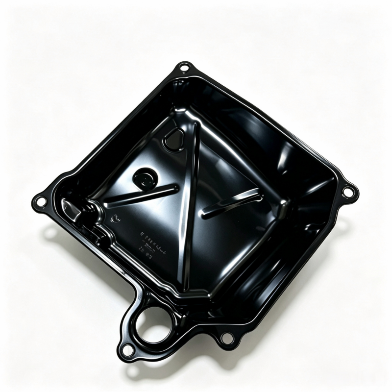 Black engine oil pan with mounting holes and circular gasket opening