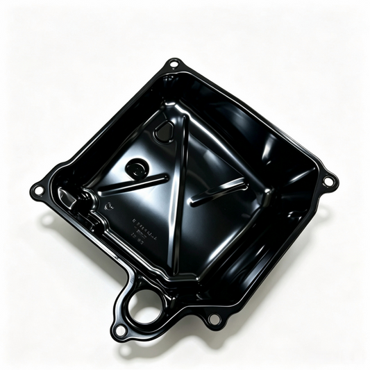 Black engine oil pan with mounting holes and circular gasket opening