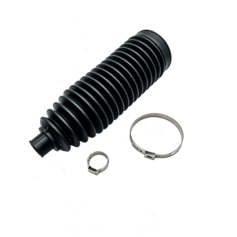 Steering rack dust boot kit with black accordion boot and metal clamps