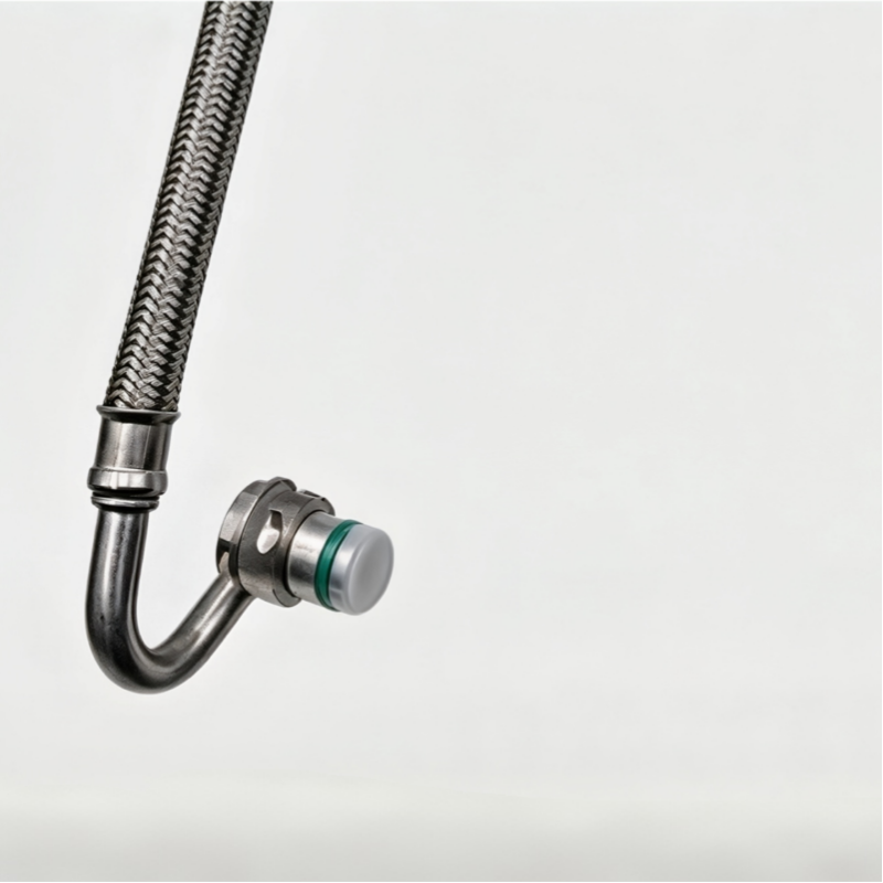 Turbo boost air pipe with metal bends and green-seal coupling, silver-gray