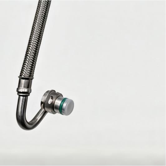 Turbo boost air pipe with metal bends and green-seal coupling, silver-gray