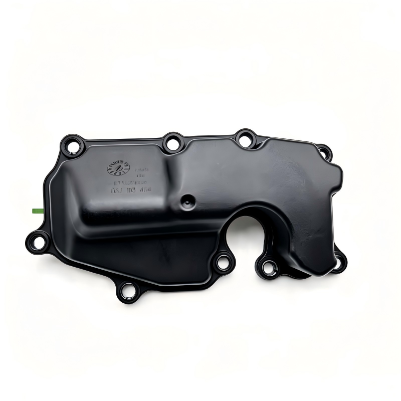 Black engine oil separator cover with bolt holes and circular outlet opening