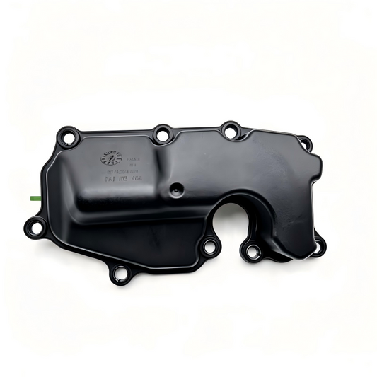 Black engine oil separator cover with bolt holes and circular outlet opening