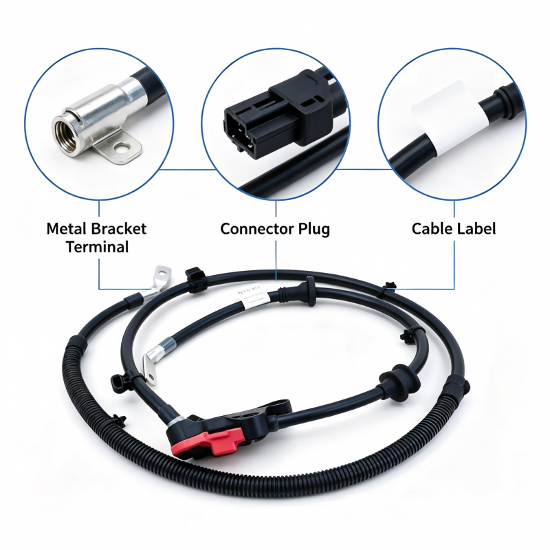 Starter alternator wiring harness with black corrugated cable, metal terminals, connector plugs