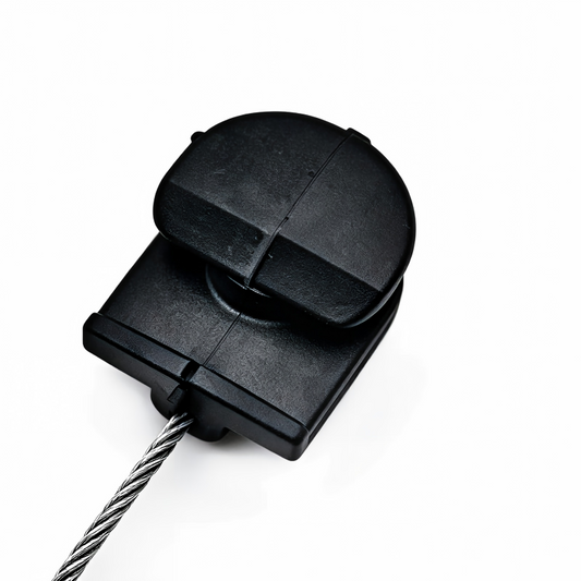 Black door lock cable with plastic housing and braided metal cable
