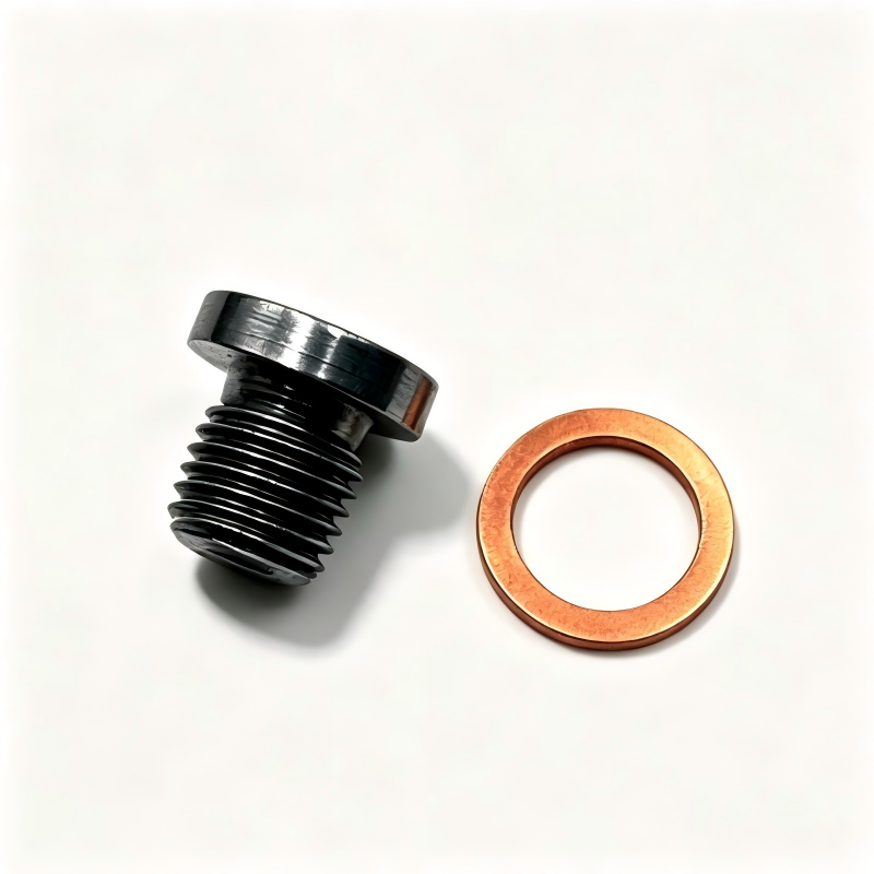 Transmission oil drain plug with copper sealing washer, threaded black steel fitting