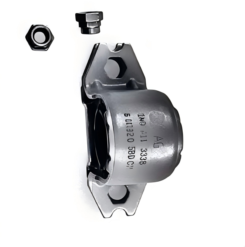 Front stabilizer bar bushing bracket with nuts and bolts, metal housing