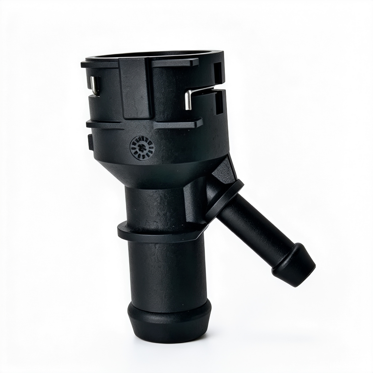 Coolant hose connector with side hose outlet, black plastic