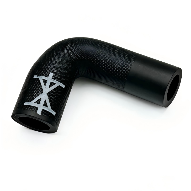 Black coolant reservoir hose with embossed logo, curved with open ends