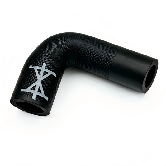 Black coolant reservoir hose with embossed logo, curved with open ends