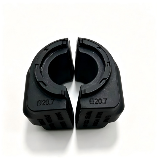 Front stabilizer bar bushing pair, black rubber sleeves with inner circular holes