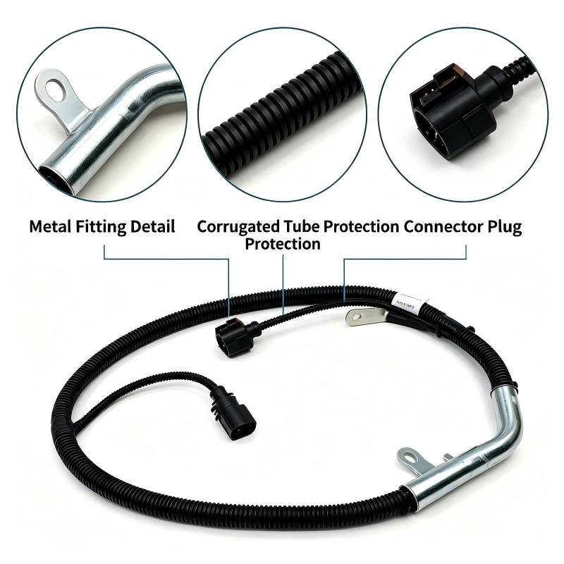 Alternator wiring harness with black corrugated tube, metal terminals, and connector plugs