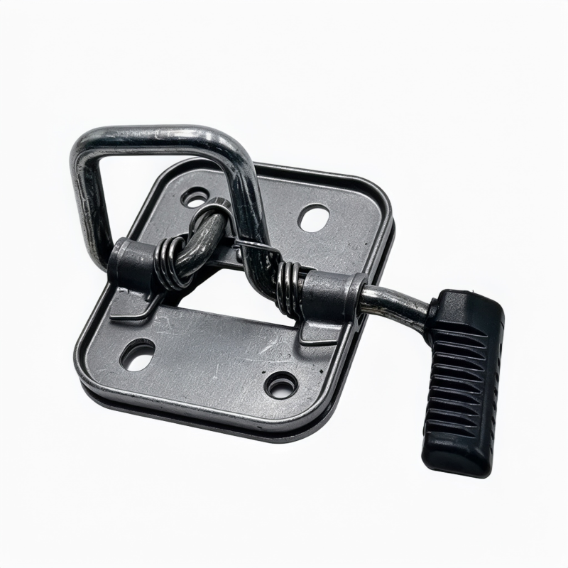 Metal hood latch release with black pull lever, spring, and mounting plate