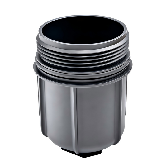 Oil filter canister with threaded rim and open top view