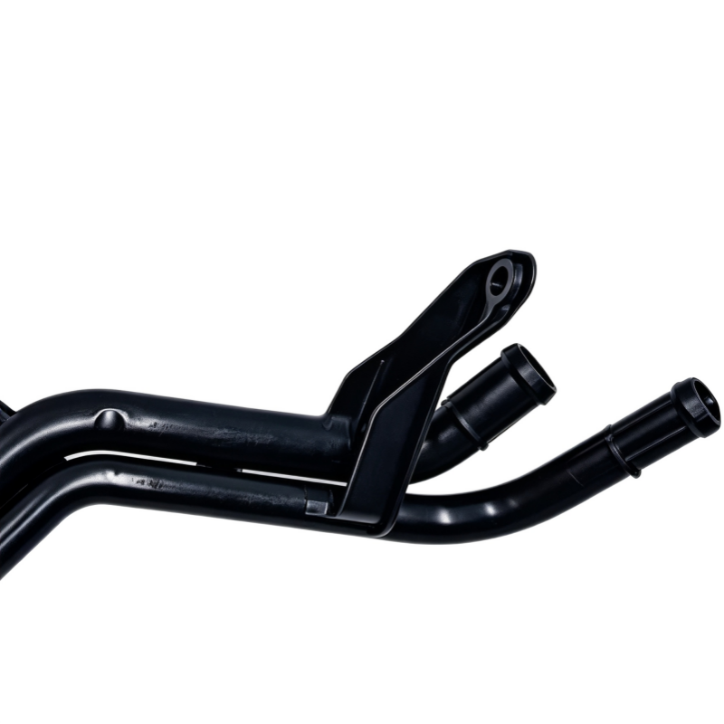 Black coolant hose with mounting bracket and angled connector ends