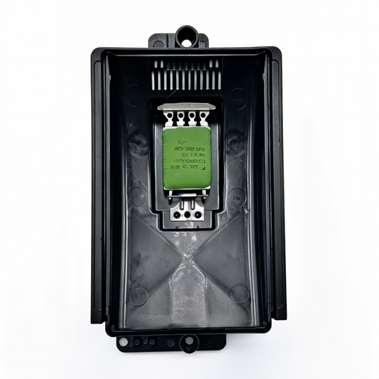 Blower motor resistor module with black plastic housing and connector terminals