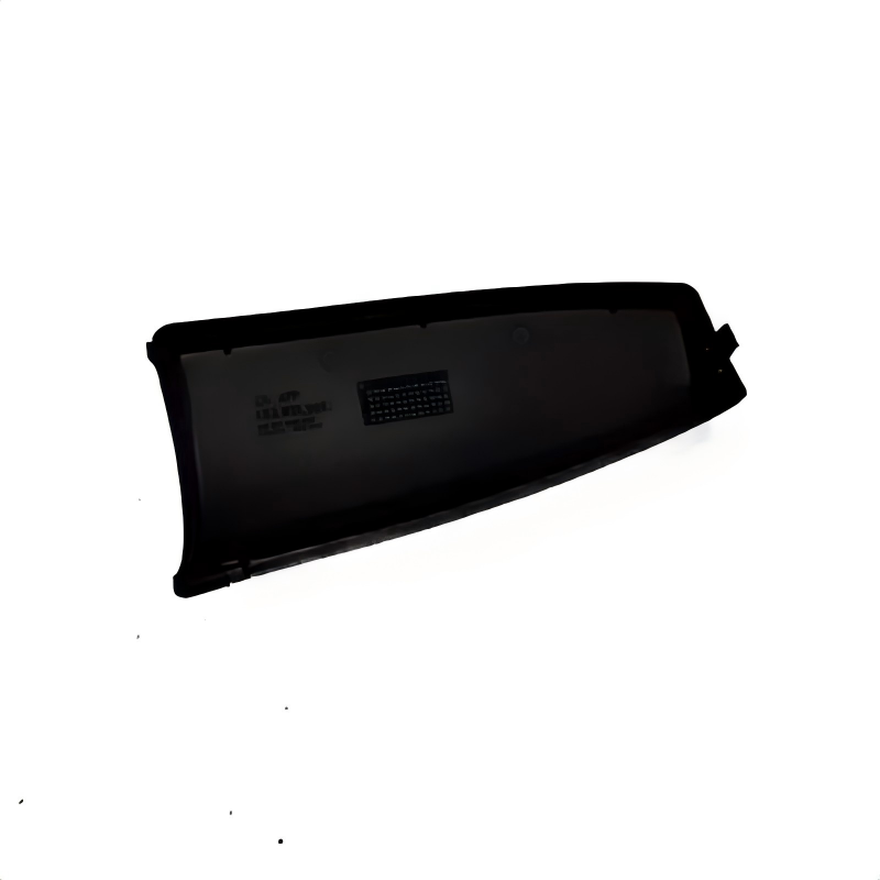 Black engine air intake duct cover panel with molded tabs and ventilation markings