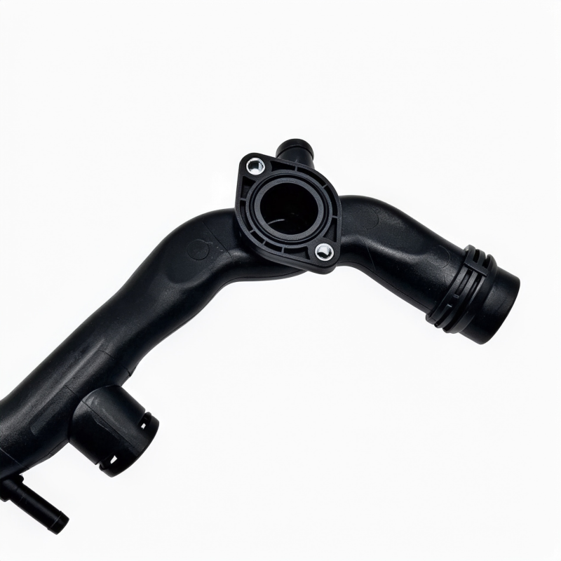 Black coolant hose with connector ports and mounting flange fittings