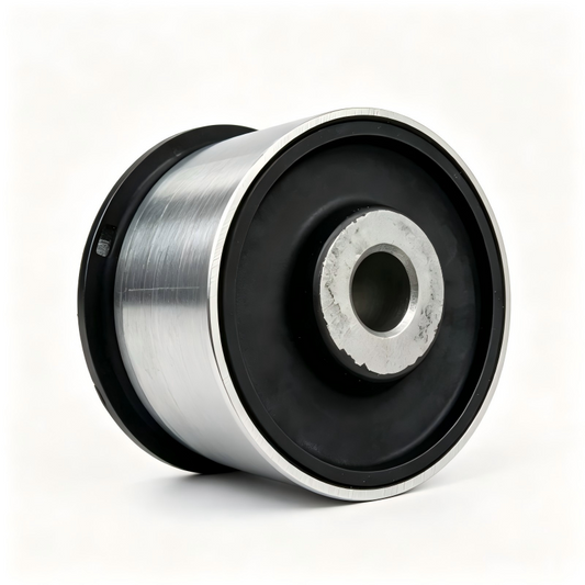 Front lower control arm bushing with silver metal housing and black rubber sleeve