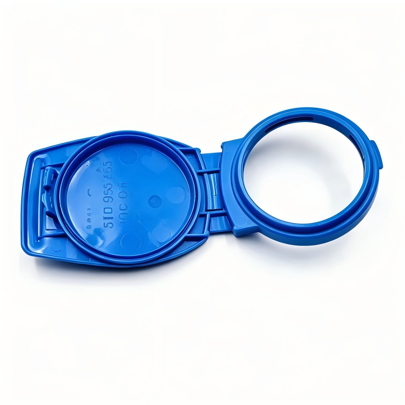 Blue washer reservoir cap with open cover and molded markings