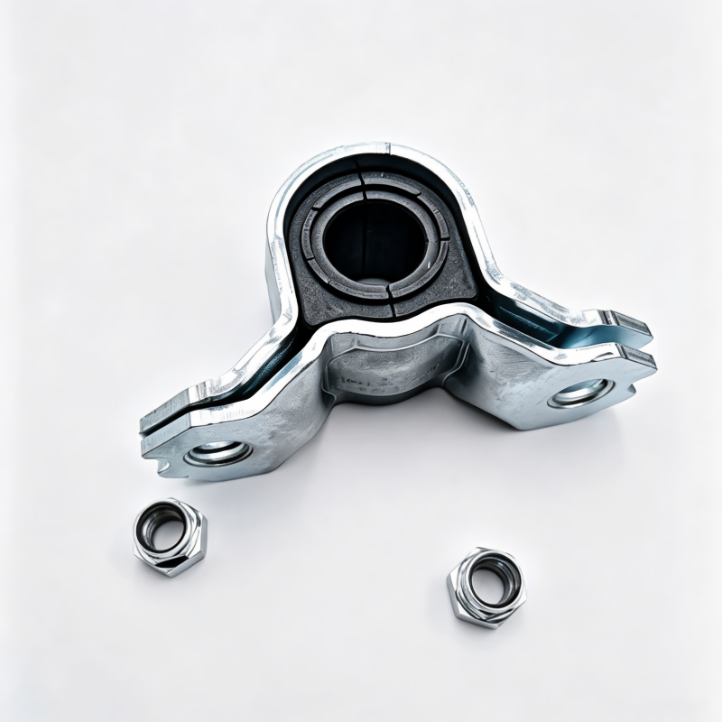 Stabilizer bar bushing bracket with black rubber bushing and two mounting nuts