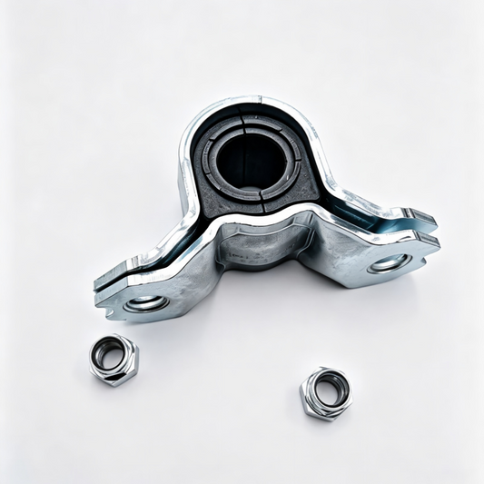 Stabilizer bar bushing bracket with black rubber bushing and two mounting nuts