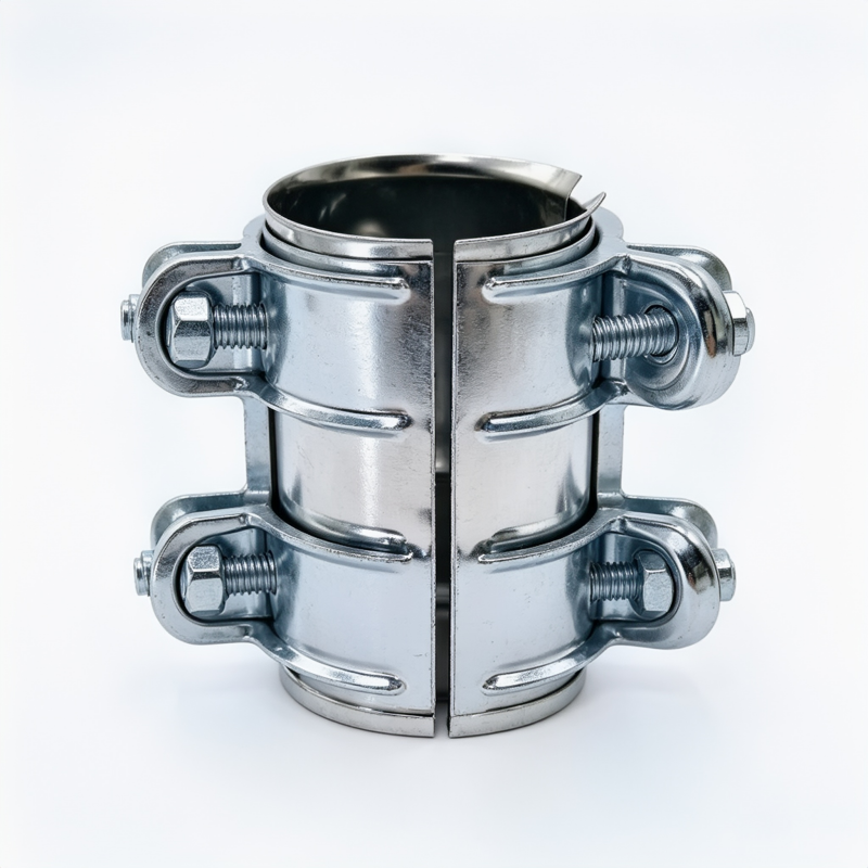 Exhaust pipe clamp, chrome-silver metal with two bolt brackets and black inner ring