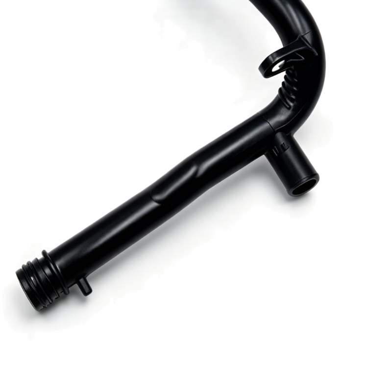 Black coolant hose with ribbed ends and outlet nozzle