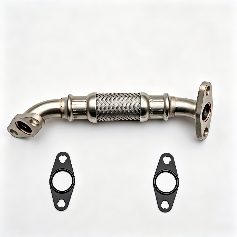 Turbocharger oil line with braided flexible hose and two flange gaskets, metal