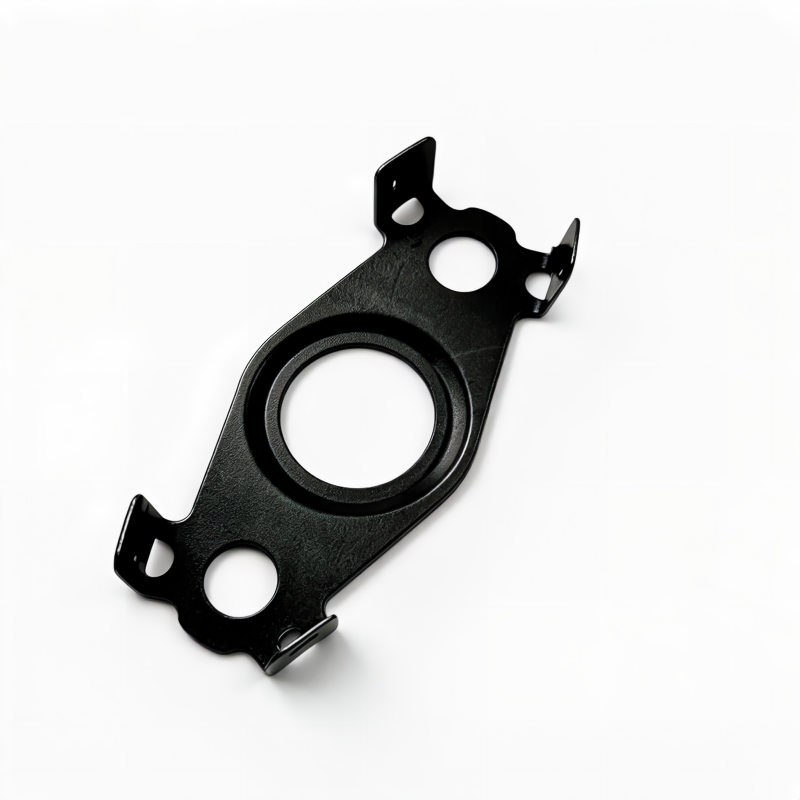 Oil line seal gasket, black metal with circular opening and mounting holes