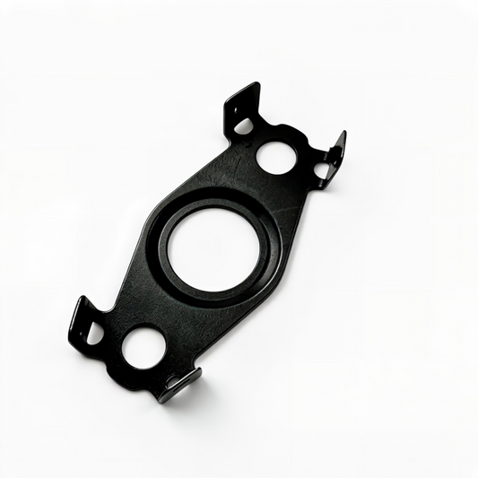 Oil line seal gasket, black metal with circular opening and mounting holes