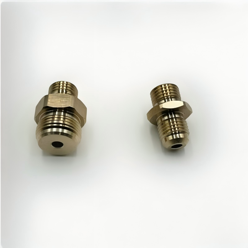 Brass high-pressure fuel pump connector fitting with hex ends and central port