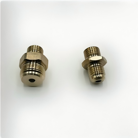 Brass high-pressure fuel pump connector fitting with hex ends and central port