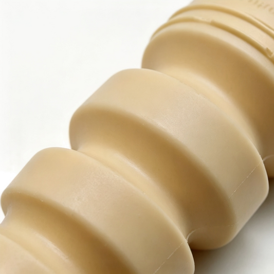 Rear suspension bump stop, beige rubber sleeve with ridged texture detail