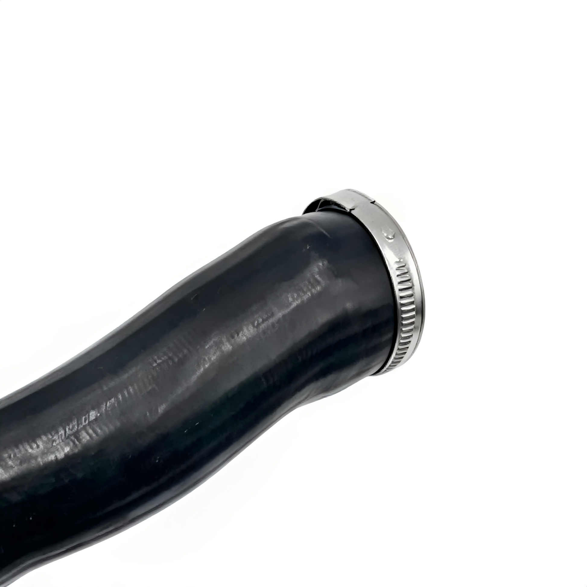 Black turbo boost pipe with metal clamp band on rubber hose end