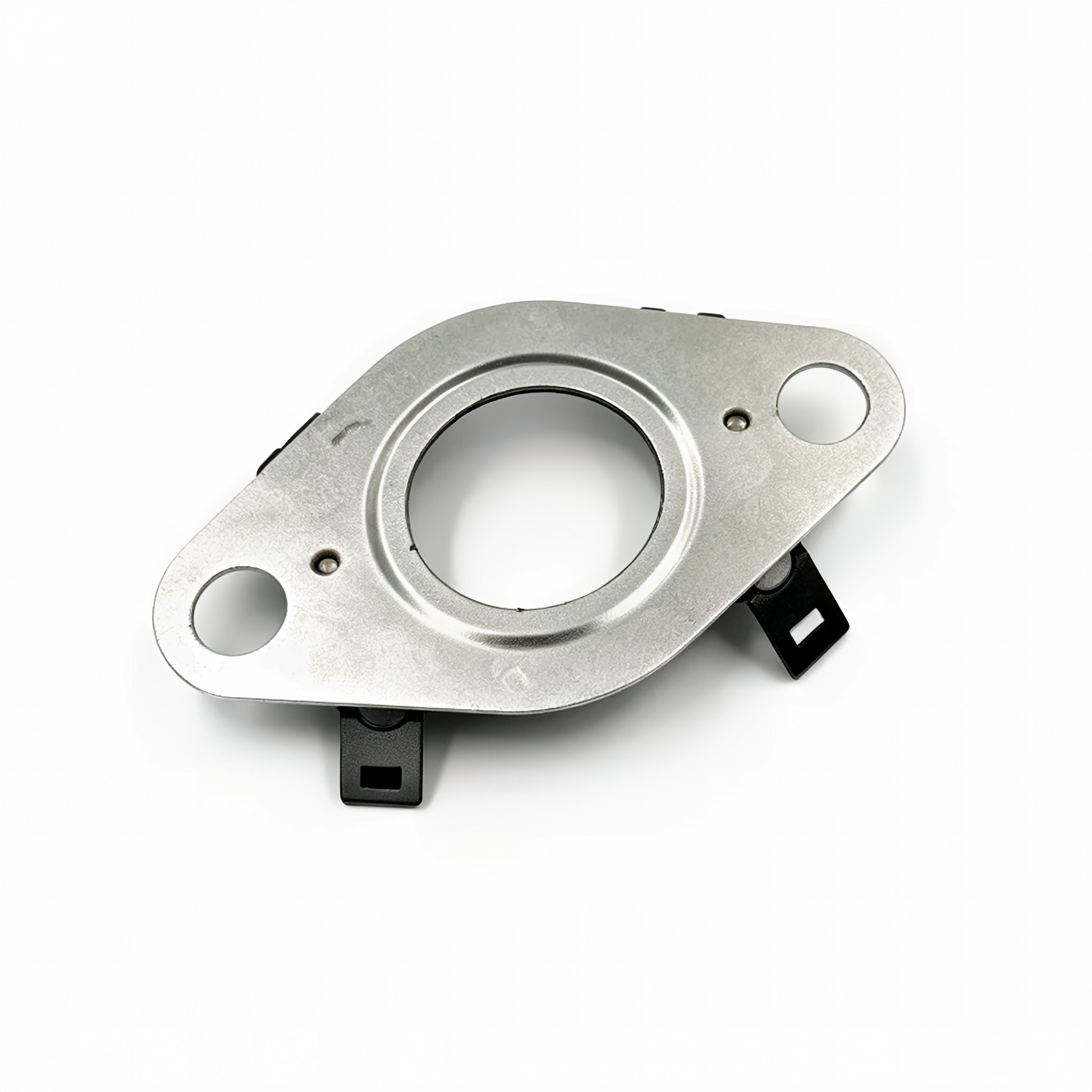 Oil line seal support plate with circular opening and metal mounting tabs