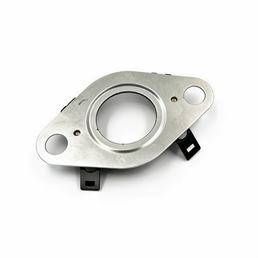 Oil line seal support plate with circular opening and metal mounting tabs