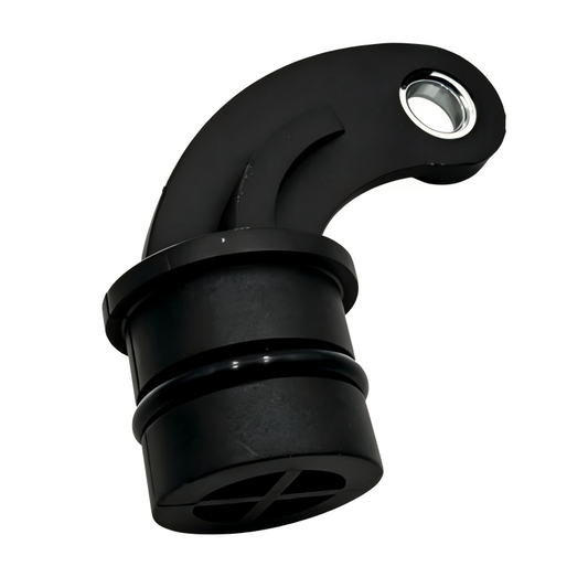 Black engine block plug with circular metal insert and curved outlet